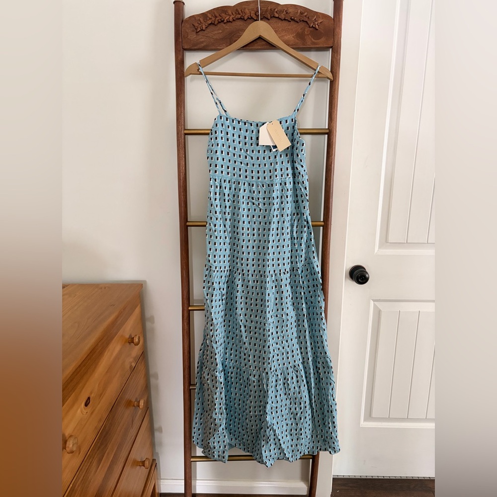 Monteau Tiered Linen Blue Patterned Maxi Dress